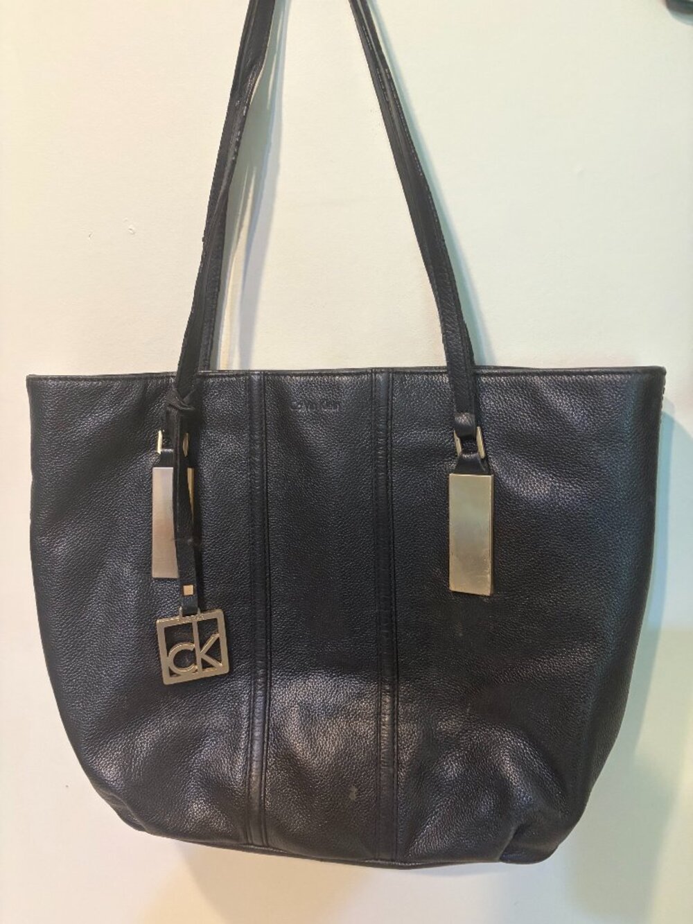 CALVIN KELIN BLACK PEBBLED GENUINE LEATHER CARRYALL TOTE PURSE Gold Hardware